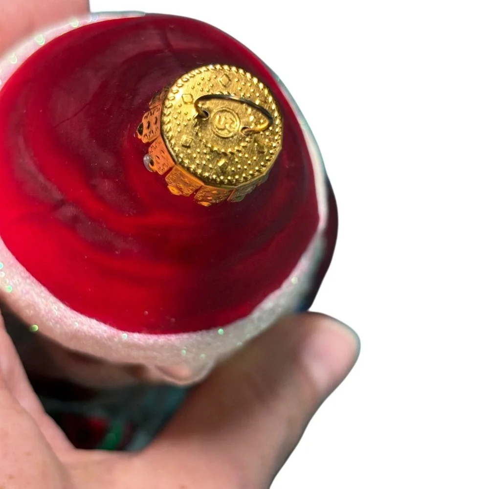 VTG Santa‎ Claus Blown Glass Ornament Red Silver Pipe Gift Glitter 6 Inch